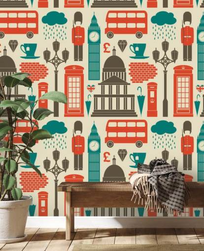 Blauw en rood London behang Blauw en rood London behang