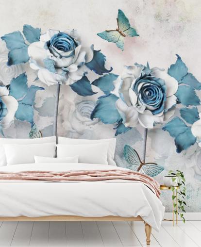 Papier Peint Fresque Roses et Papillons Bleu Pastel Papier Peint Fresque Roses et Papillons Bleu Pastel