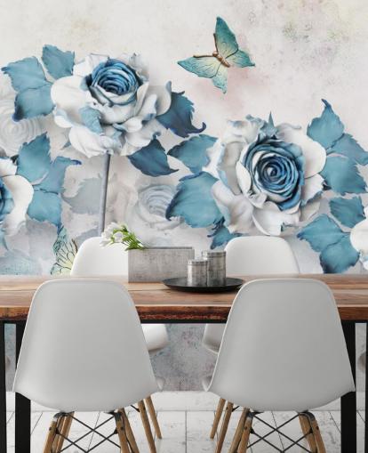 Pastel Blue Roses and Butterflies Wall Mural Pastel Blue Roses and Butterflies Wall Mural