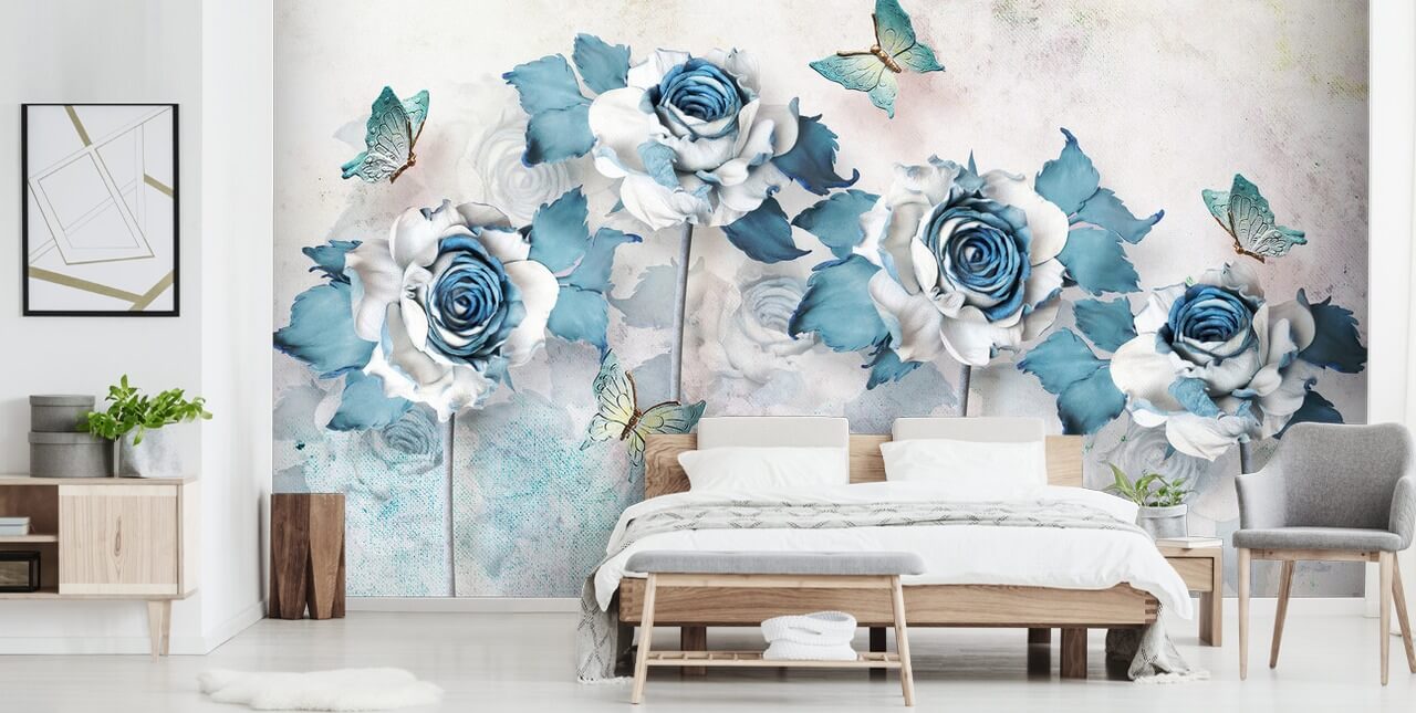 Pastellblaue Rosen und Schmetterlinge Fototapete
