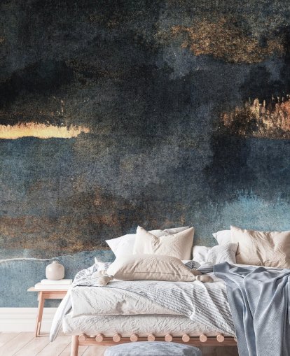 blauwe en gouden aanpasbare betonnen behangmuurschildering genaamd Rain with Sun van Elizabeth Fredriksson voor slaapkamer of badkamer blauwe en gouden aanpasbare betonnen behangmuurschildering genaamd Rain with Sun van Elizabeth Fredriksson voor slaapkamer of badkamer