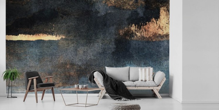 Personalisierbare Betontapete in Blau und Gold mit dem Titel Rain with Sun von Elizabeth Fredriksson für Schlafzimmer oder Badezimmer