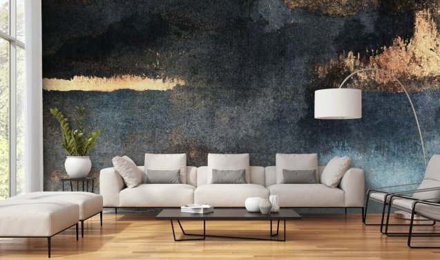 papier peint mural en béton personnalisable bleu et or appelé Rain with Sun par Elizabeth Fredriksson pour chambre ou salle de bain