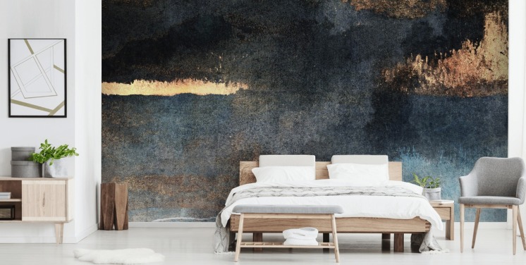 blue and gold customisable concrete wallpaper mural called Rain with Sun by Elizabeth Fredriksson for bedroom or bathroom
