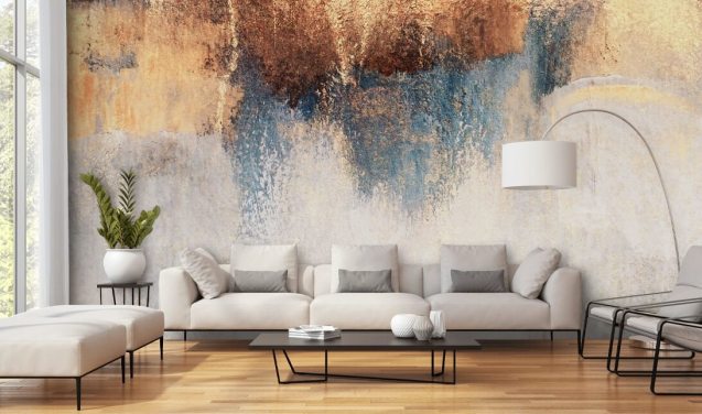witte en blauwe betonnen muurschildering genaamd Storm Ahead van Elizabeth Fredriksson voor slaapkamer of badkamer