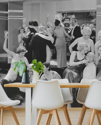 Schwarz-Weiß-Foto von Partytapete der 1930er Jahre Schwarz-Weiß-Foto von Partytapete der 1930er Jahre