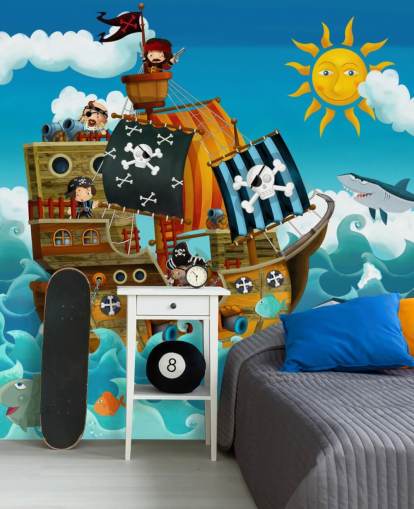 carta da parati murale blu personalizzata con pirati chiamata Pirati per la camera da letto del bambino carta da parati murale blu personalizzata con pirati chiamata Pirati per la camera da letto del bambino