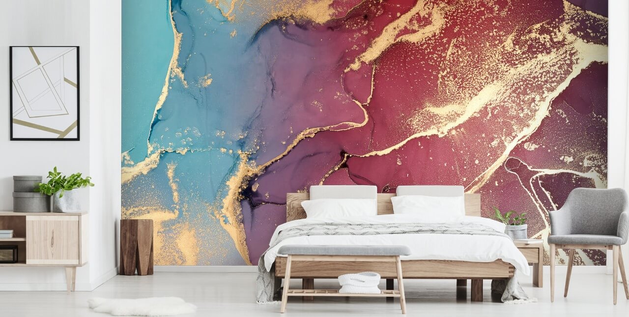 paarse en blauwe aquarel behangmuurschildering genaamd Purple and Blue Watercolour voor slaapkamers en badkamers