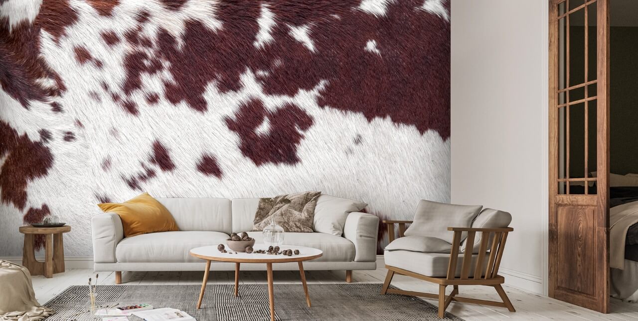 Wall Mural - Brown and White Cow Print Wallpaper - Wallsauce