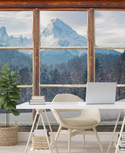 Hintergrundbild mit Blick auf die verschneiten Berge mit Fensterblick Hintergrundbild mit Blick auf die verschneiten Berge mit Fensterblick