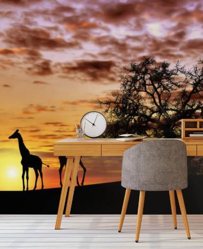 Giraffen- und Elefanten-Silhouetten vor Sonnenuntergangshimmel-Tapete Giraffen- und Elefanten-Silhouetten vor Sonnenuntergangshimmel-Tapete