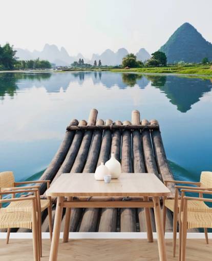 Bamboo Raft on Still Lake Wall Mural Bamboo Raft on Still Lake Wall Mural