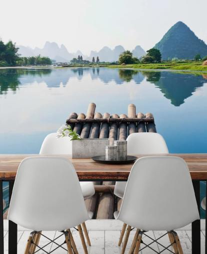 Bamboo Raft on Still Lake Wall Mural Bamboo Raft on Still Lake Wall Mural