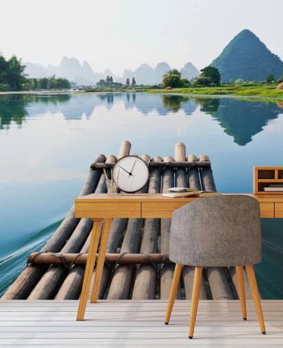 Jangada de bambu no mural da parede do lago Jangada de bambu no mural da parede do lago