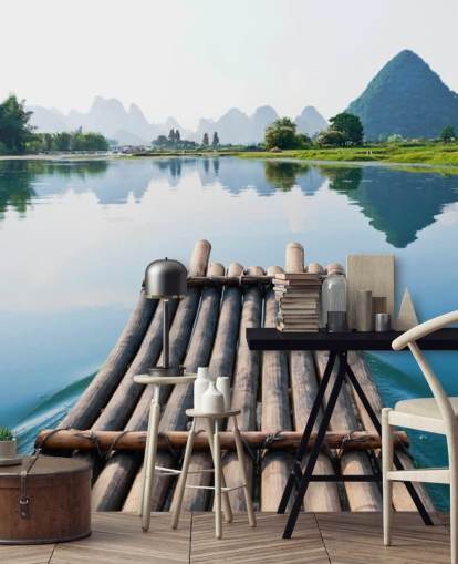 Decorazione murale con zattera di bambù sul lago Decorazione murale con zattera di bambù sul lago