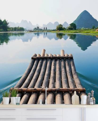 Bamboo Raft on Still Lake Wall Mural Bamboo Raft on Still Lake Wall Mural