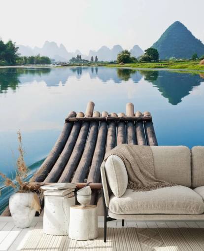 Bamboo Raft on Still Lake Wall Mural Bamboo Raft on Still Lake Wall Mural
