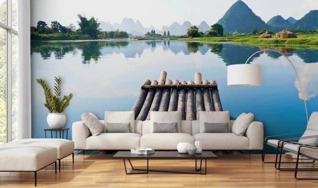 Bamboo Raft on Still Lake Wall Mural