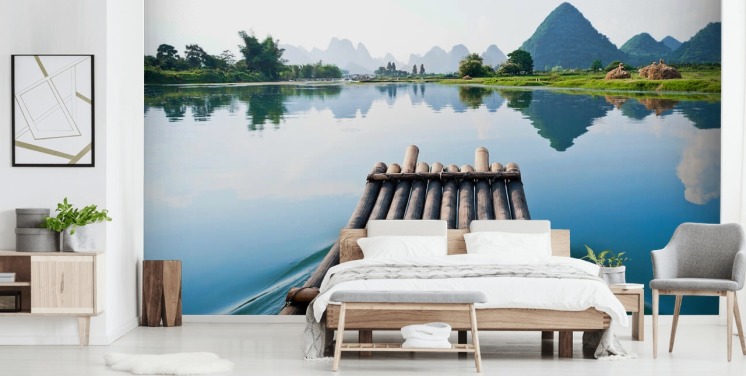Bamboo Raft on Still Lake Wall Mural