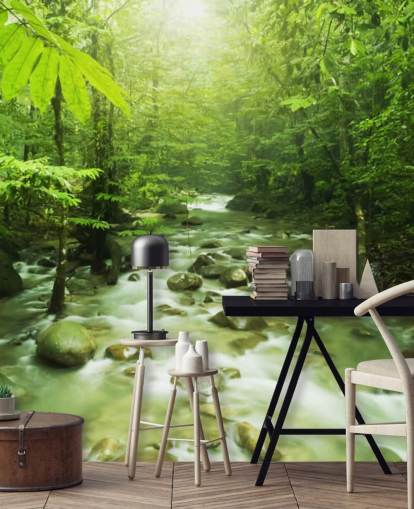 green custom river wallpaper mural called Forest River for offices green custom river wallpaper mural called Forest River for offices