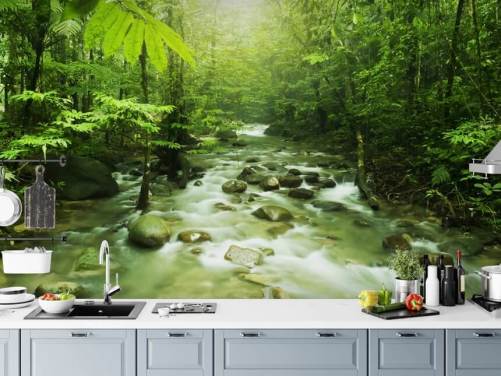grünes kundenspezifisches Flusstapeten-Wandbild namens Forest River für Büros 