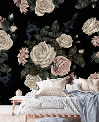 Decorazione murale con rose rosa pastello su sfondo nero Decorazione murale con rose rosa pastello su sfondo nero