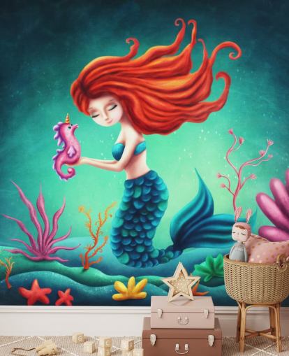 sereia de cabelos vermelhos com papel de parede de cavalo-marinho sereia de cabelos vermelhos com papel de parede de cavalo-marinho
