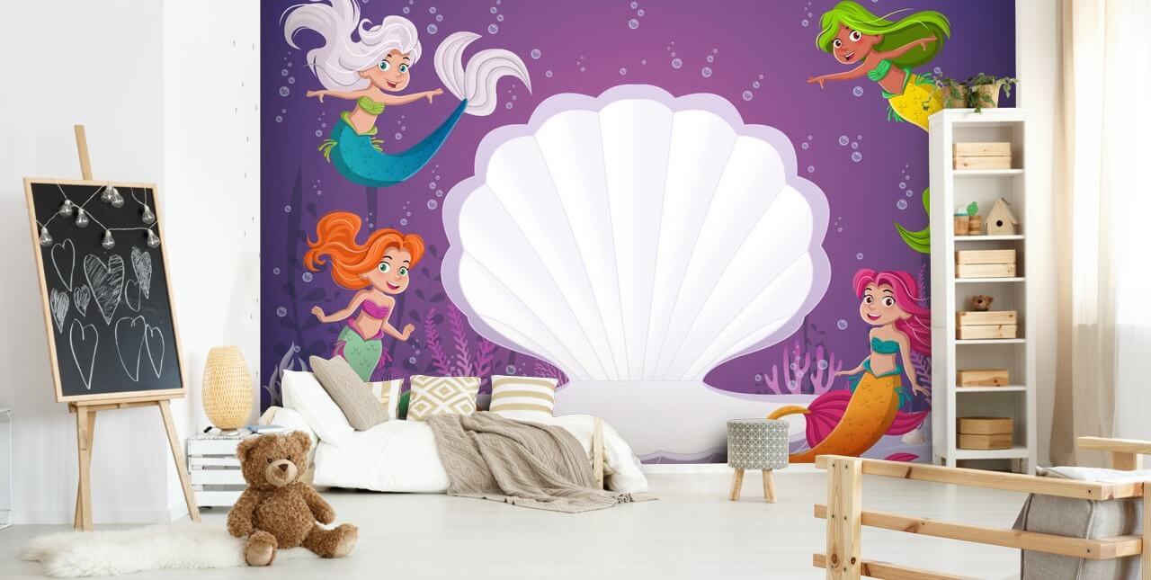 papier peint quatre sirènes autour d'un coquillage