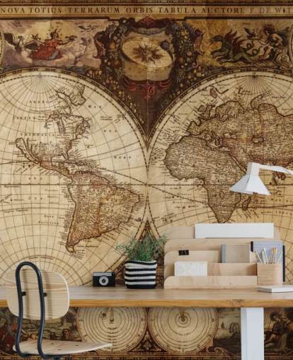 carta da parati murale marrone personalizzata con mappa del mondo chiamata Vintage World Map per casa, uffici e camere da letto carta da parati murale marrone personalizzata con mappa del mondo chiamata Vintage World Map per casa, uffici e camere da letto