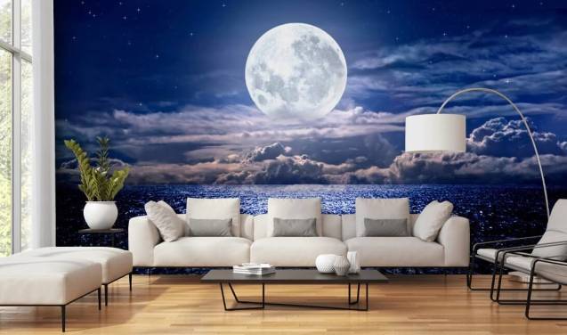 Hvit Moon Blå Himmel og Ocean Bakgrunn