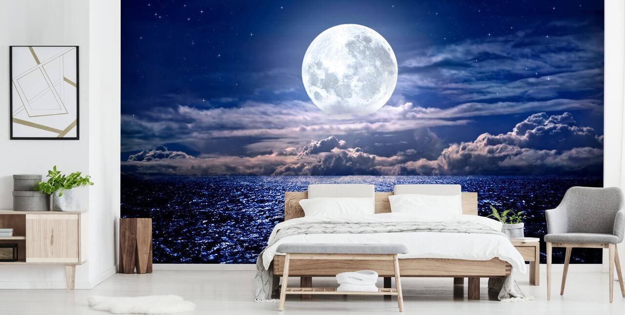 White Moon Blue Sky and Ocean Wallpaper