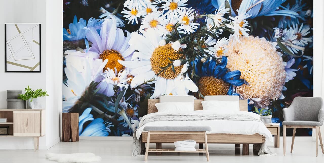 Carta da parati murale con fiori bianchi e blu Carta da parati murale con fiori bianchi e blu