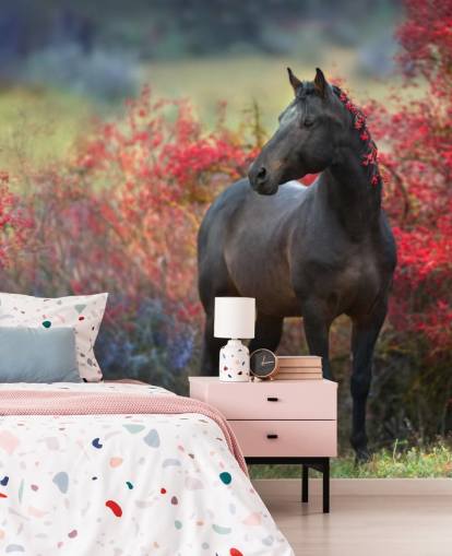 Black Horse Surrounded by Red Berry Bushes and Berries in Mane Wall Mural Black Horse Surrounded by Red Berry Bushes and Berries in Mane Wall Mural