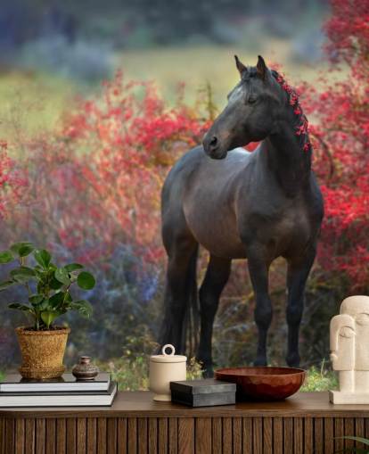 Black Horse Surrounded by Red Berry Bushes and Berries in Mane Wall Mural Black Horse Surrounded by Red Berry Bushes and Berries in Mane Wall Mural
