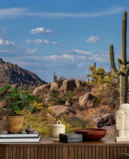 Cactus in Dusty Landscape with Mountain Background Wallpaper Cactus in Dusty Landscape with Mountain Background Wallpaper