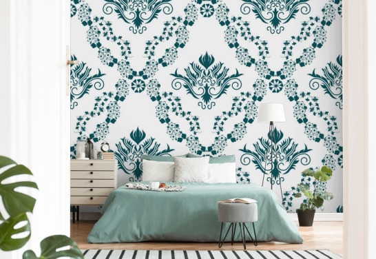 papier peint vintage à motif blanc et bleu sarcelle