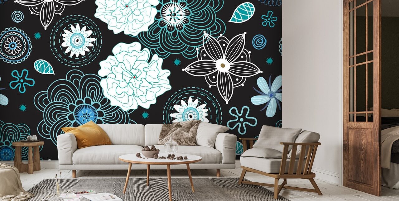 Floral - Black and Blue Wallpaper | Wallsauce CA