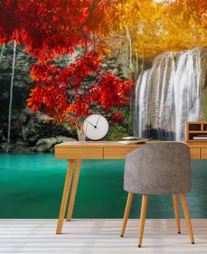 árvores laranja e amarelas por cachoeira papel de parede árvores laranja e amarelas por cachoeira papel de parede