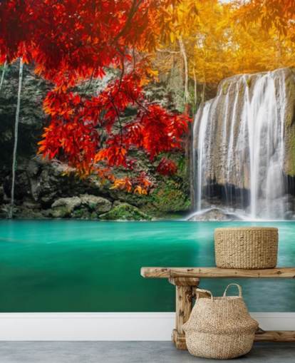 orange and yellow trees by waterfall wallpaper orange and yellow trees by waterfall wallpaper