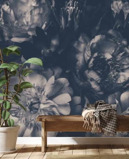 Papel de parede floral escuro preto e branco Papel de parede floral escuro preto e branco