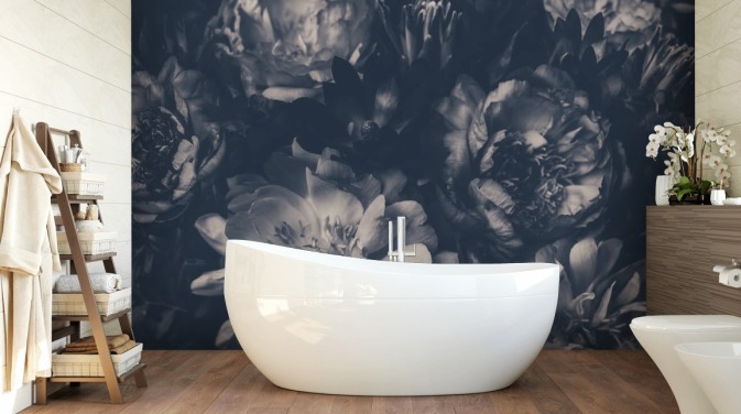 Papel de parede floral escuro preto e branco
