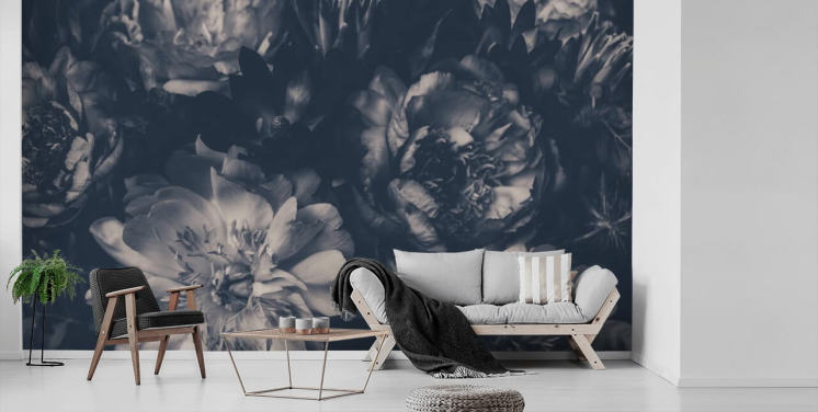 Zwart en wit donker bloemenbehang