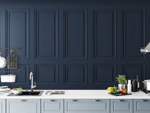 papier peint mural en panneau de bois personnalisable bleu foncé appelé Dark Blue Panel pour les salons ou les chambres