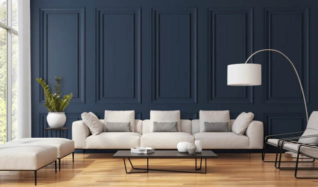 mørkeblå tilpasselig træpanel tapetmaleri kaldet Dark Blue Panel til lounger eller soveværelser