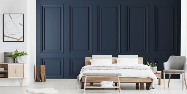 papier peint mural en panneau de bois personnalisable bleu foncé appelé Dark Blue Panel pour les salons ou les chambres