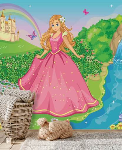 prinses in roze jurk met kasteelbehang prinses in roze jurk met kasteelbehang