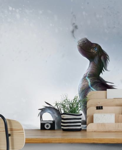 leende bebis drake satt på snö med blå randiga vågar puffar ut rök tapeter leende bebis drake satt på snö med blå randiga vågar puffar ut rök tapeter