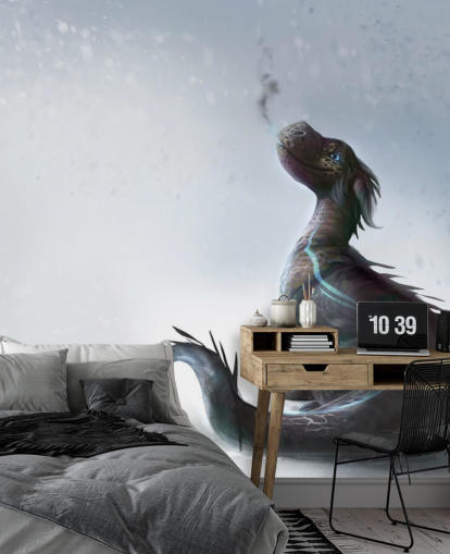 smilende baby dragon sad på sne med blå stribede skalaer puster ud røg tapet smilende baby dragon sad på sne med blå stribede skalaer puster ud røg tapet