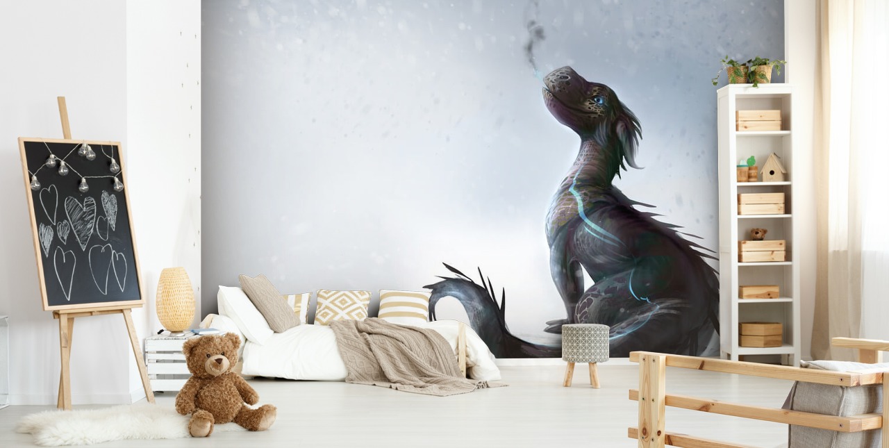 smiling baby dragon sat on snow with blue streaked scales puffing out smoke wallpaper