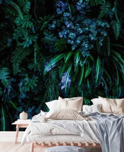 mörkblå och grön anpassad tropisk tapet väggmålning kallad Luscious Tropical Wall för sovrum mörkblå och grön anpassad tropisk tapet väggmålning kallad Luscious Tropical Wall för sovrum